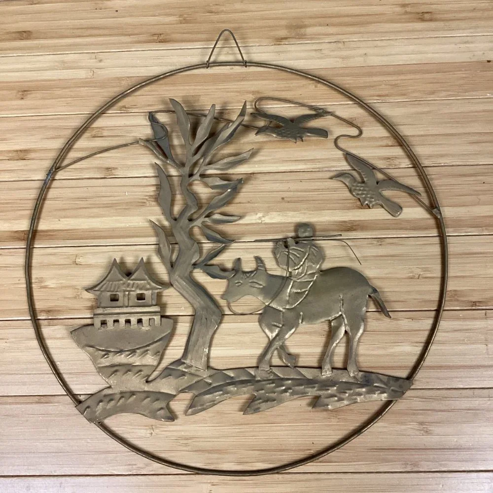 Vintage Metal Asian Folk Art Wall Hangings Set (4)